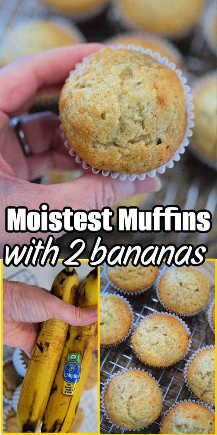 A hand holds a banana muffin from a 2 Banana Muffin Recipe; below, bananas and more muffins cool on a wire rack.