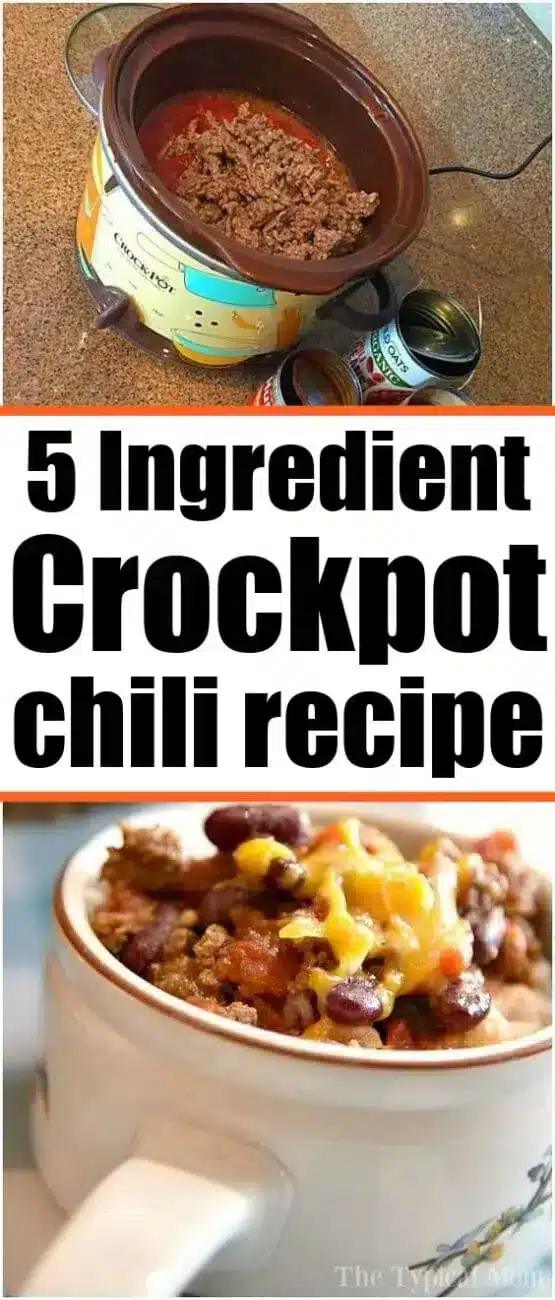 Top image shows a crockpot containing ground beef, with opened canned ingredients on the countertop. Bottom image displays a bowl filled with chili topped with shredded cheese.