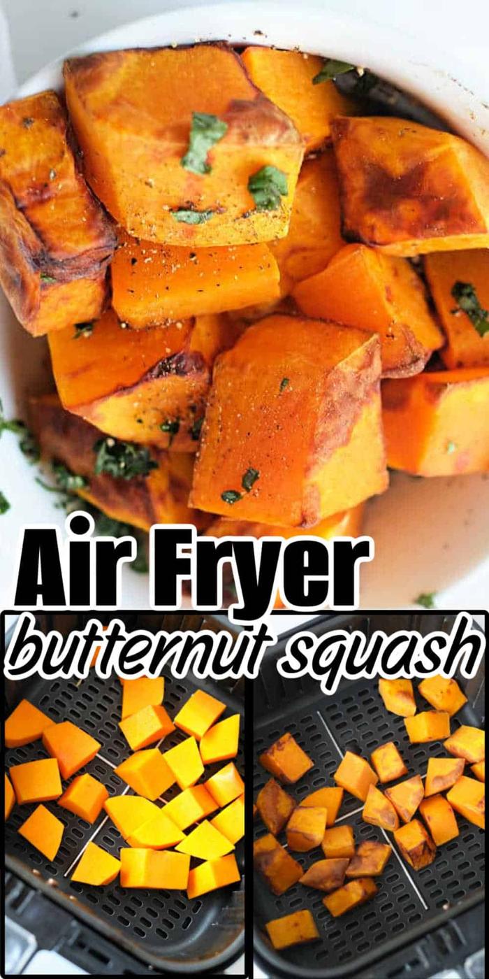 Air fryer butternut squash, cut into cubes and topped with fresh herbs, shown before and after crisping to perfection.