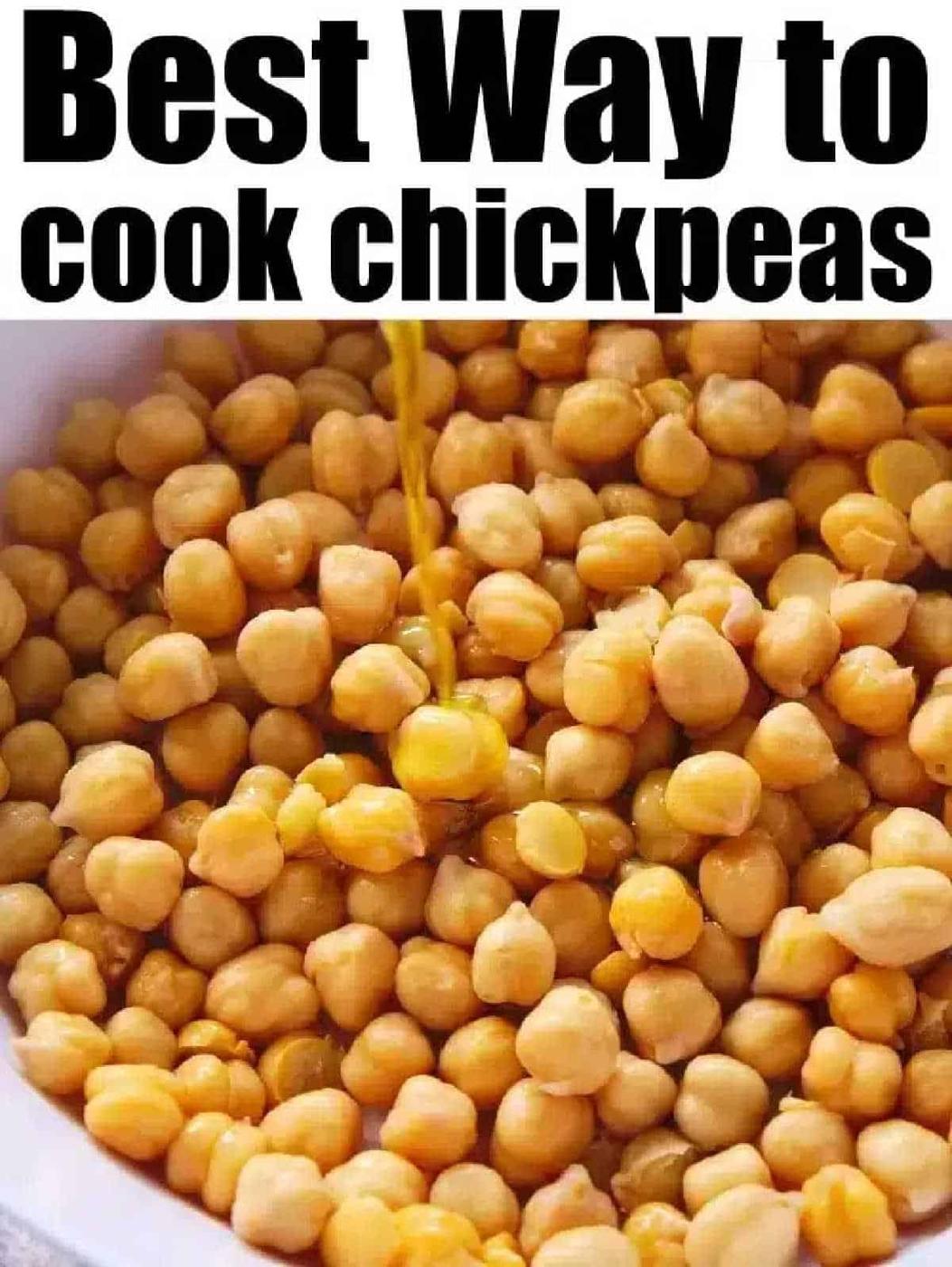 Cooked chickpeas in a bowl with oil being poured over them; text reads Best Way to cook chickpeas, including delicious air fryer chickpeas.