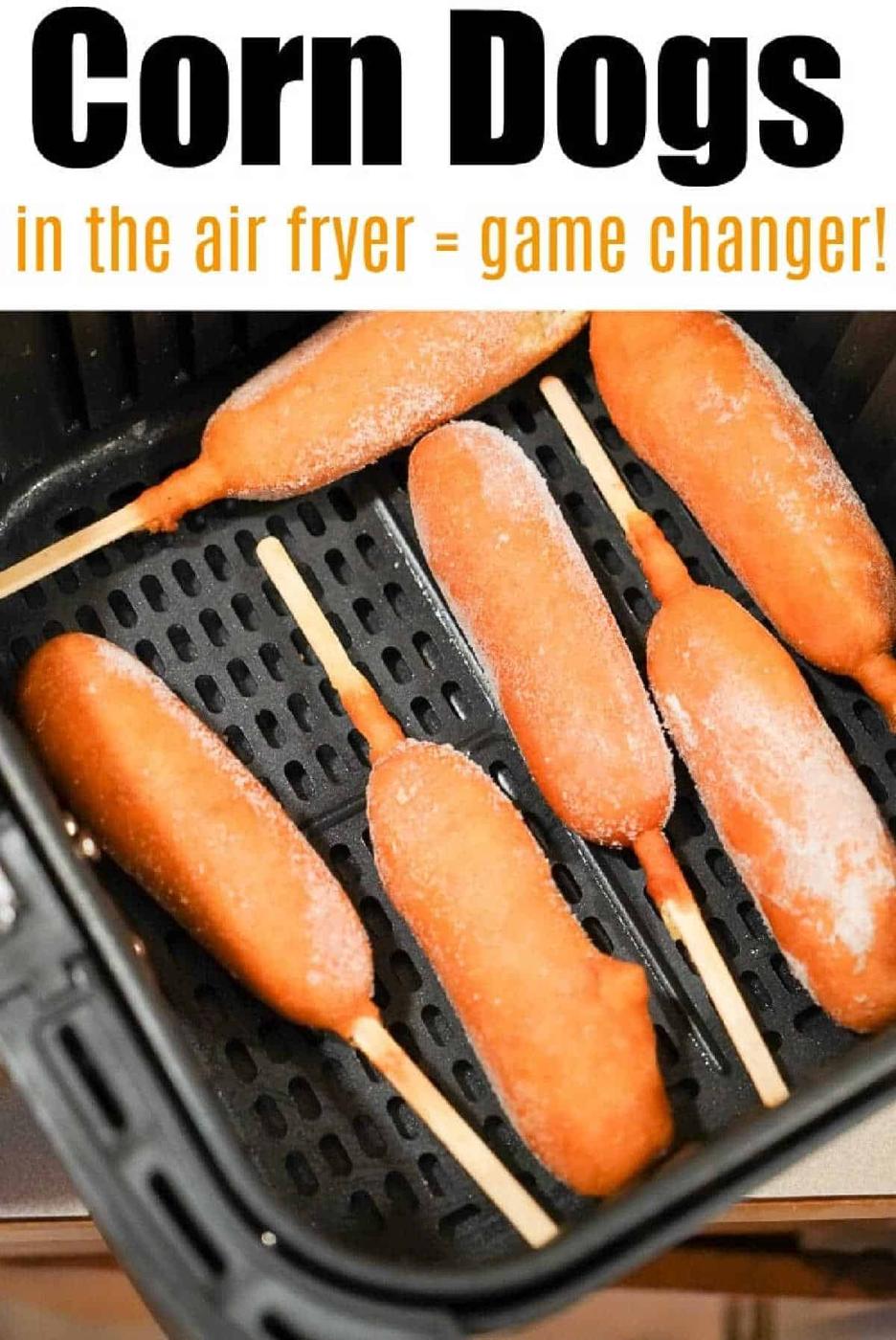 Frozen air fryer corn dogs arranged in a basket, ready to be cooked to crispy perfection.