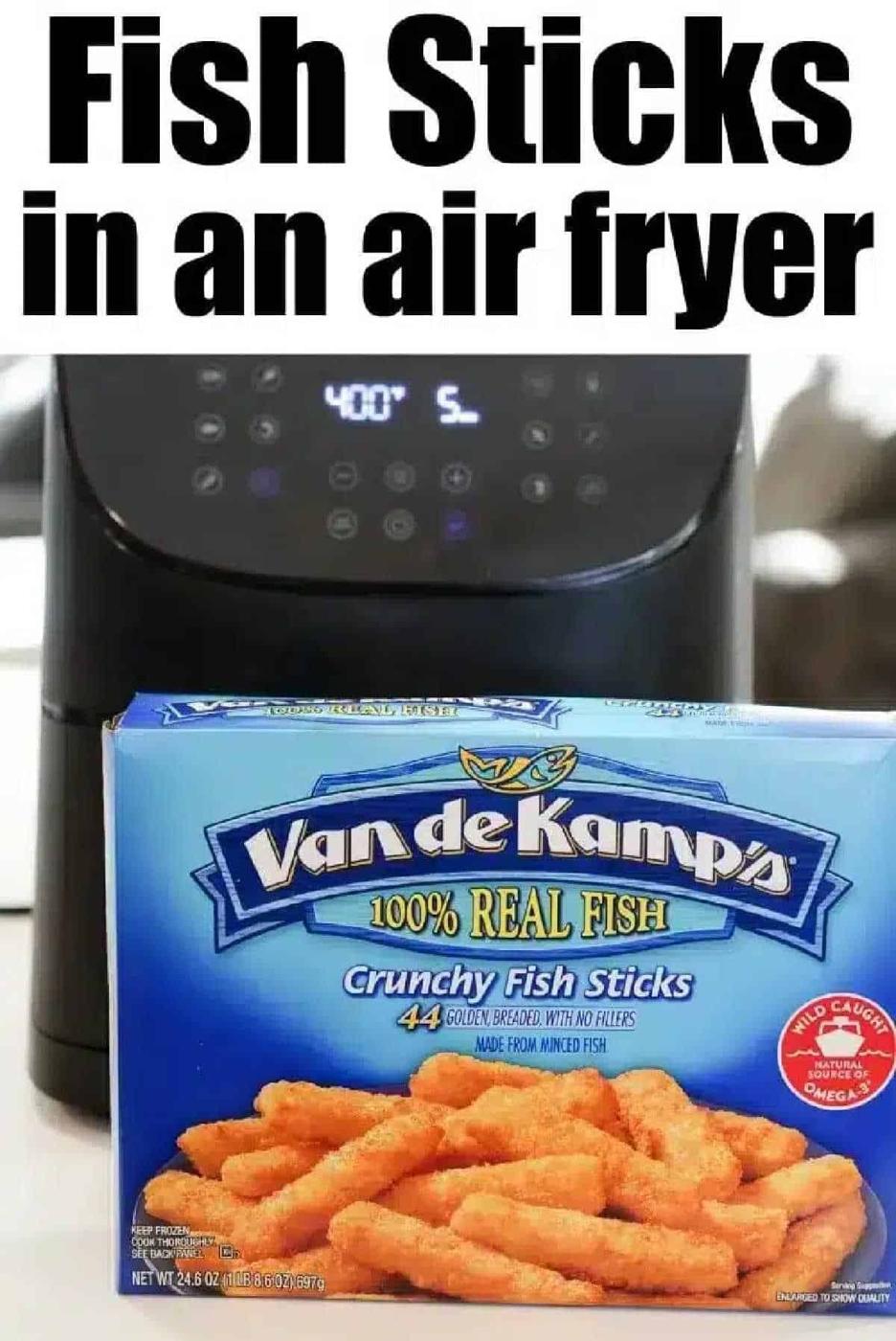A box of Van de Kamp’s air fryer fish sticks sits in front of an air fryer set to 400°F for 5 minutes, ready for a quick and crispy meal.