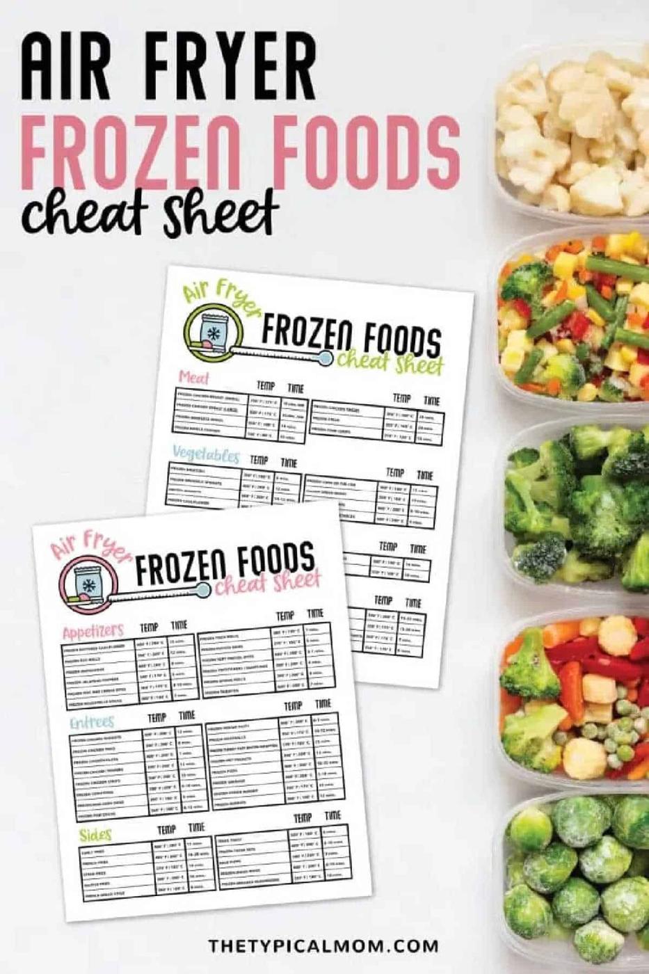 Top view of Air Fryer Frozen Food Cook Times cheat sheets beside containers of frozen vegetables and cauliflower.