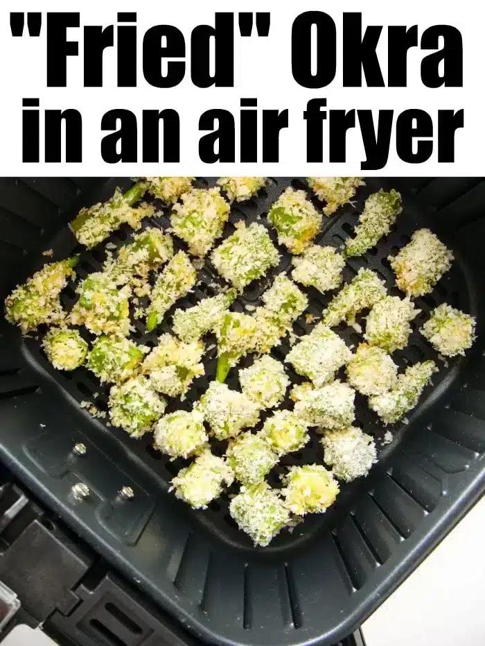 Chopped okra perfectly coated in breadcrumbs sits inside the air fryer basket, showcasing how to create delicious fried okra without the mess.