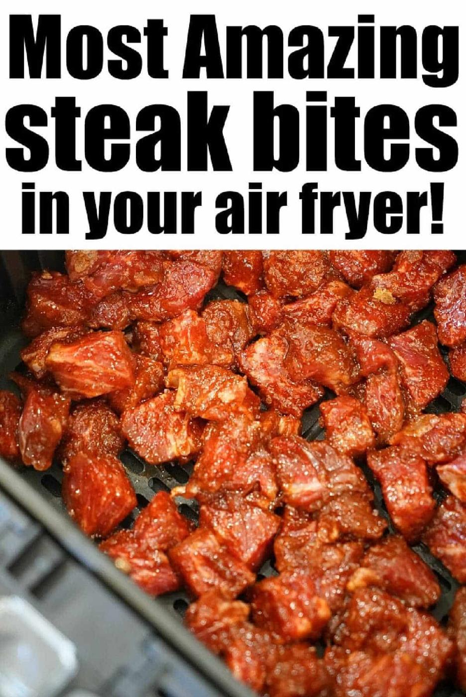 Seasoned steak bites sizzle in the air fryer basket, promising juicy and flavorful air fryer steak bites every time.