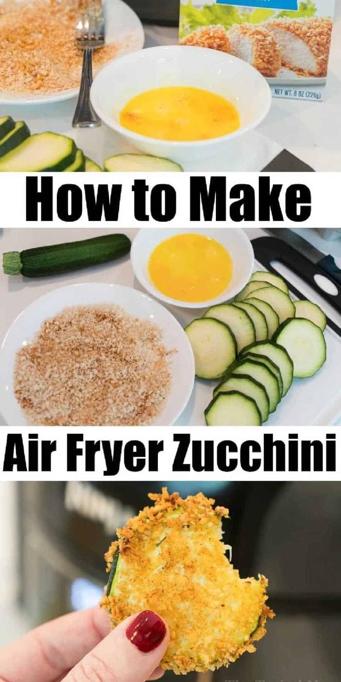 Sliced zucchini, bread crumbs, and egg shown; finished air fryer zucchini chips held with a bite taken.