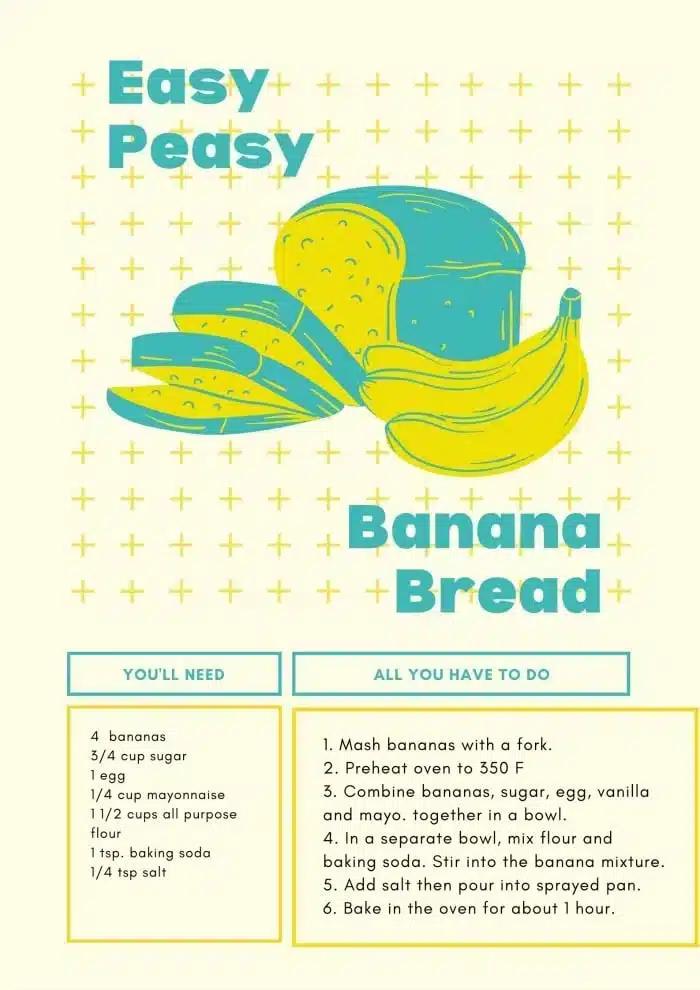 Colorful recipe poster showcasing bananas and bread illustration. Title: Easy Peasy Banana Bread with Mayonnaise. Features ingredients and steps for a twist on the classic favorite.