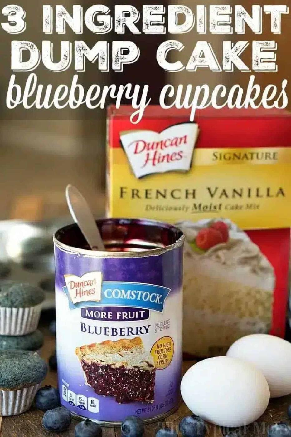 A can of blueberry pie filling, two eggs, cupcakes, and vanilla cake mix come together for an easy 3-ingredient blueberry pie filling dump cake-style cupcakes.