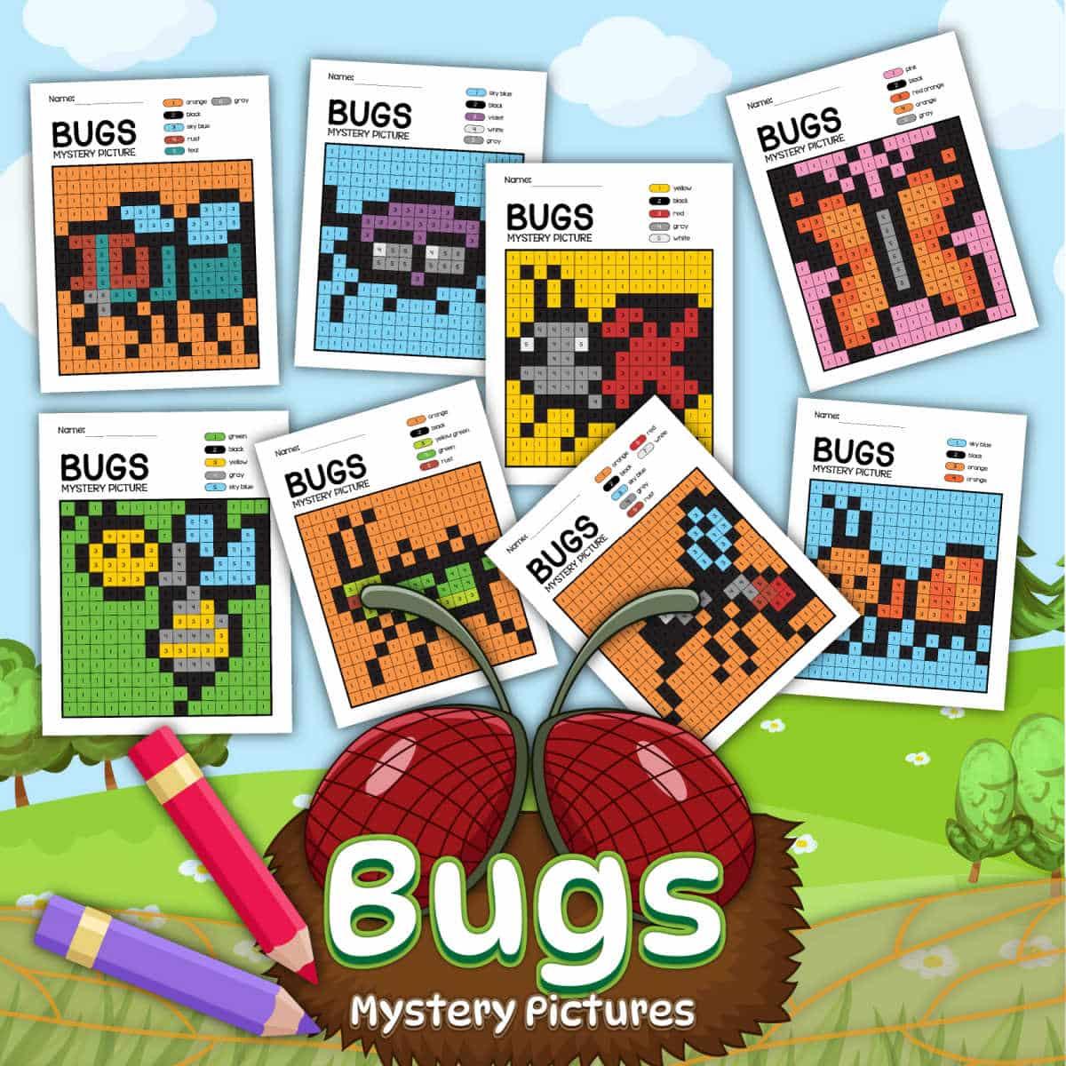 An image of seven "Bugs and Insects Coloring Pages" color-by-number worksheets displayed in a playful, nature-themed background with hills, trees, and blue skies. The worksheets feature pixelated images of various bugs. Text at the bottom reads "Bugs Mystery Pictures.