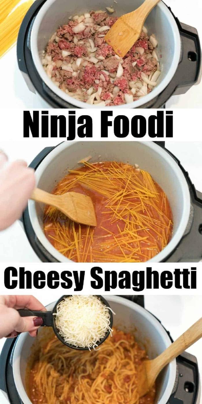 Three steps: brown meat and onions, add pasta and sauce, then use your Ninja Foodi to make cheesy spaghetti topped with shredded cheese.