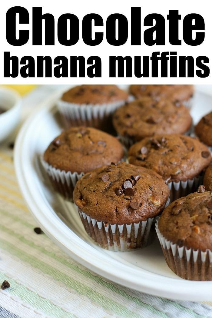 A plate of delightful chocolate banana muffins sits on a striped cloth, with the inviting text "Chocolate Banana Muffins" above.