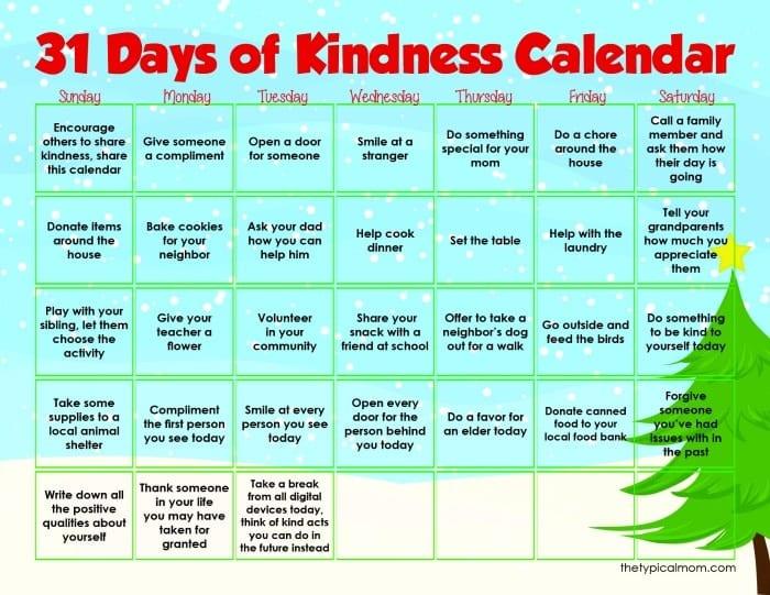 Free Printable 31 Day Kindness Calendar