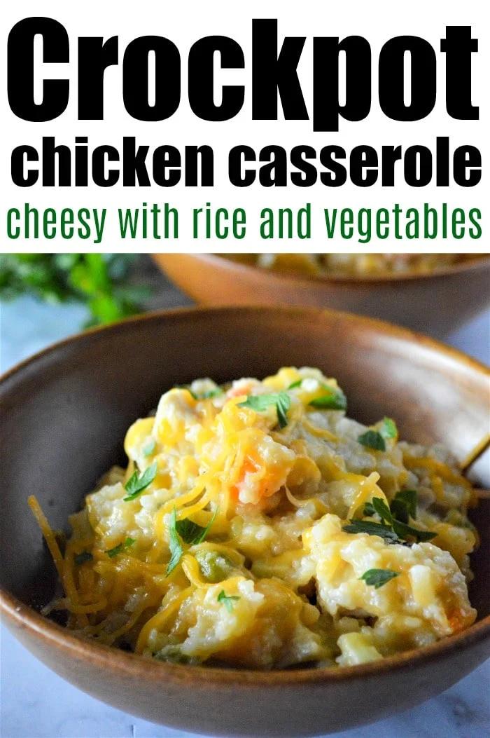 Enjoy a comforting bowl of cheesy crockpot chicken casserole, featuring tender chicken with rice and vegetables, all topped with fresh herbs.
