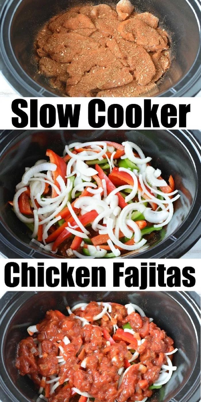 Three crockpot chicken fajitas images: raw seasoned chicken, topped with sliced onions and peppers, then mixed with sauce.