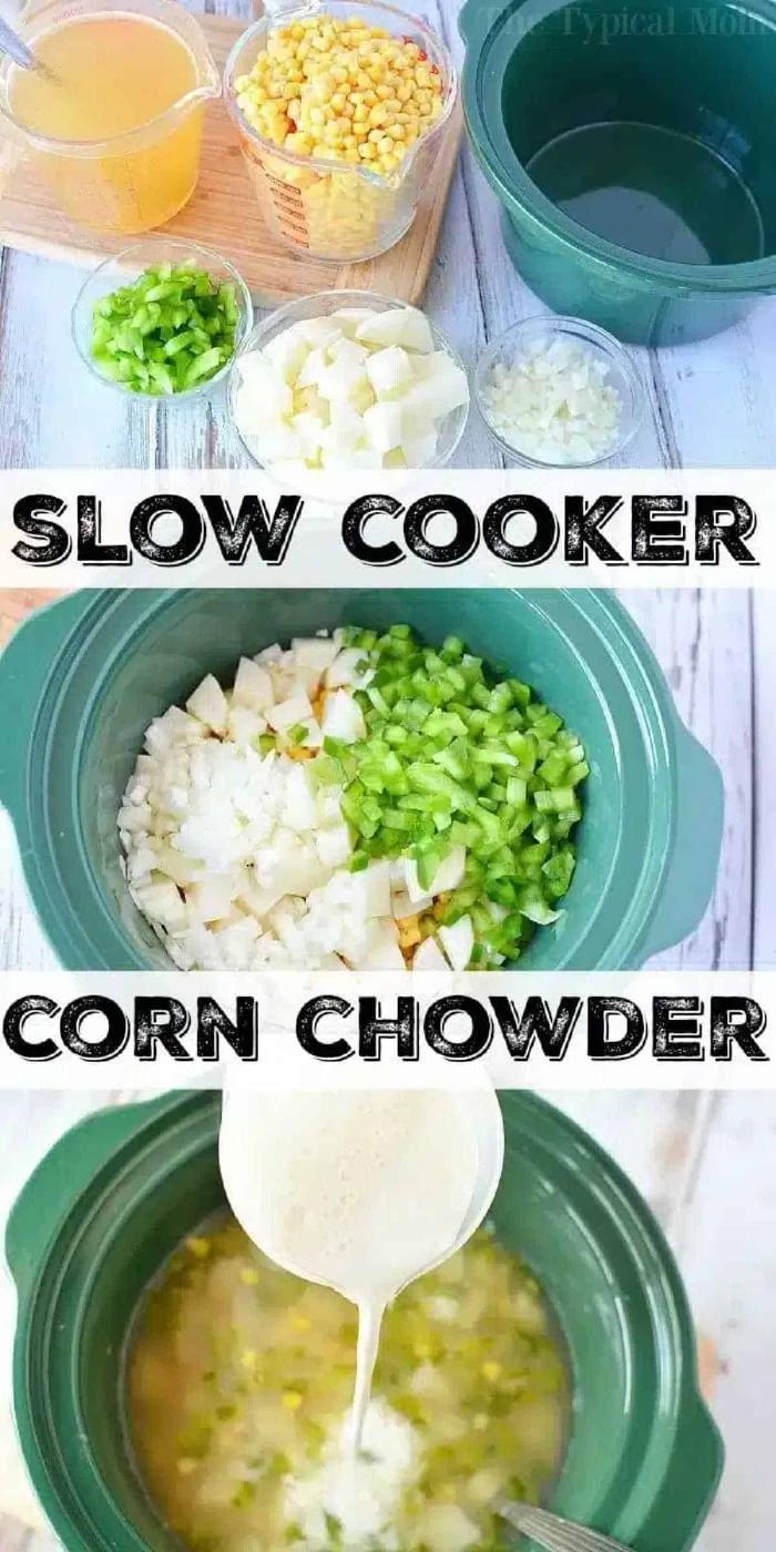 Ingredients and broth being added to a crockpot to make corn chowder; fresh vegetables are visible.