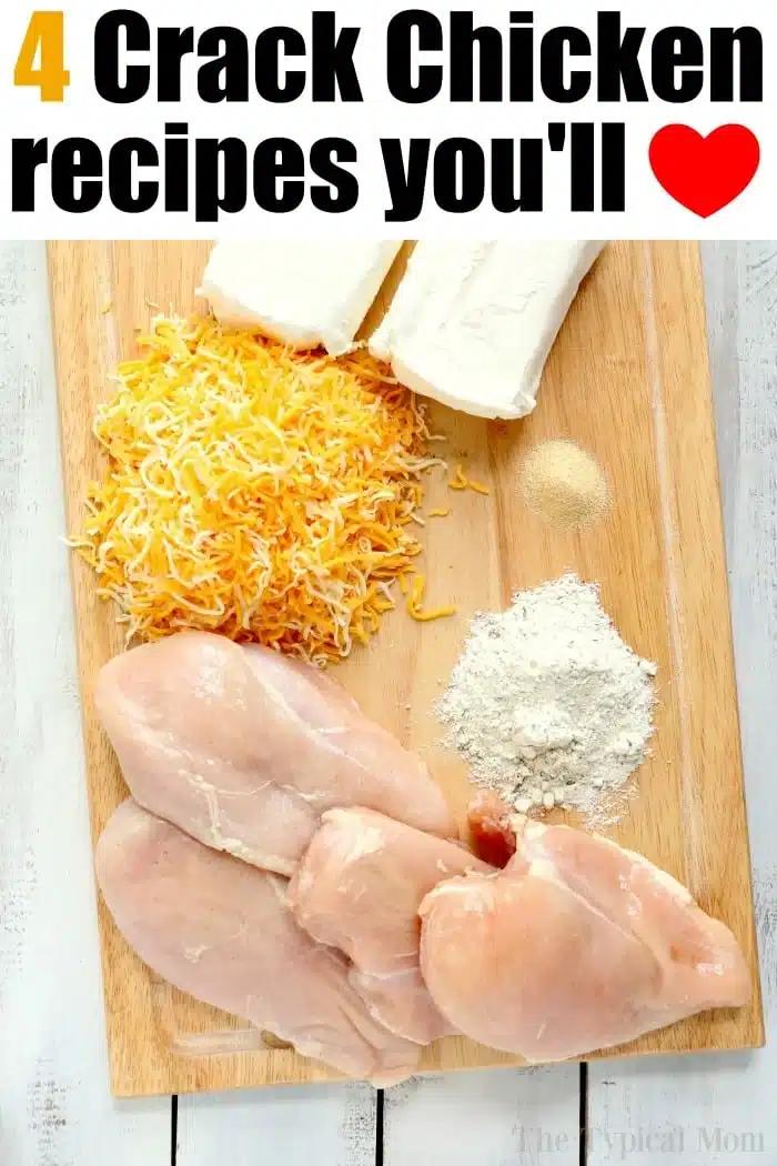 Ingredients for crockpot crack chicken: raw chicken breasts, shredded cheese, cream cheese, flour, and seasonings arranged on a wooden cutting board.