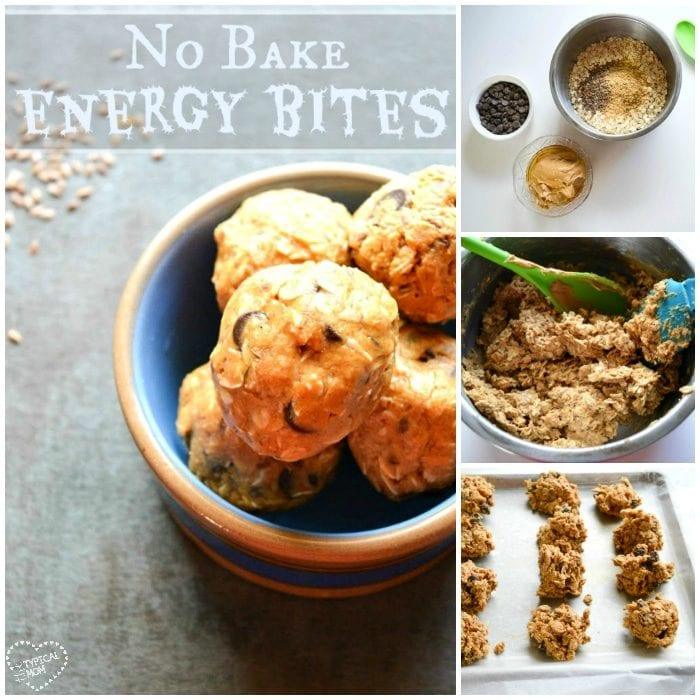 Bowl of no bake energy bites and ingredients with step-by-step mixing and shaping process shown, perfect for anyone looking to try a simple energy ball recipe.