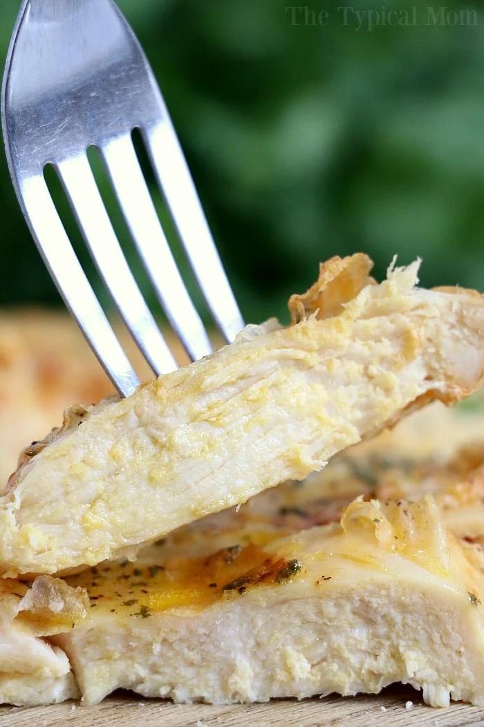 A fork holds a cooked chicken breast slice, showcasing its tender and juicy interior achieved by cooking a frozen chicken breast in an air fryer. The meat is seasoned with herbs and spices, while the background blurs into soothing shades of green.