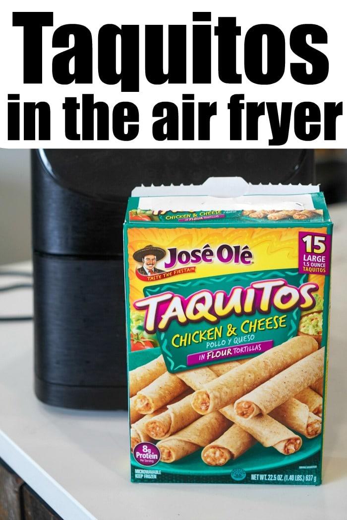 Box of José Olé Chicken & Cheese Taquitos on a counter with an air fryer ready to go in the background. This box of frozen taquitos boasts 15 large taquitos made with flour tortillas, perfect for crisping up in the air fryer.