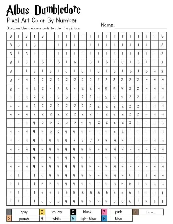 Color-by-number grid featuring Harry Potter Pixel Art of Albus Dumbledore. Uses numbers 1-8 for colors: gray, peach, yellow, white, black, light blue, pink, and brown. Sections are filled with digits guiding the coloring process.