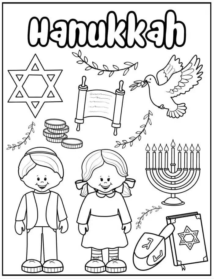 Holiday coloring page with Hanukkah-themed illustrations. Features a Star of David, coins, Torah scroll, dove with olive branch, menorah, dreidel, gift, and two smiling children wearing traditional clothing. The word "Hanukkah" is at the top.
