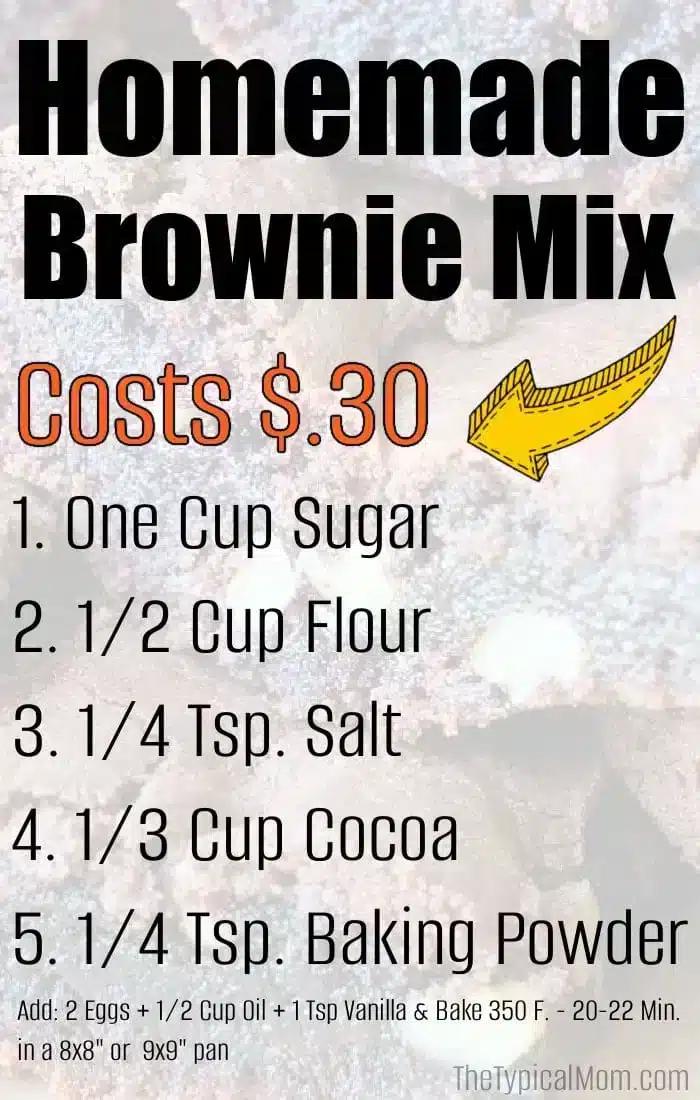 A homemade brownie mix recipe image features a background of delicious brownies. Text lists ingredients: 1 cup sugar, 1/2 cup flour, 1/4 tsp salt, 1/3 cup cocoa, 1/4 tsp baking powder. With a cost of just $0.30, further baking instructions are included for your perfect homemade delight.