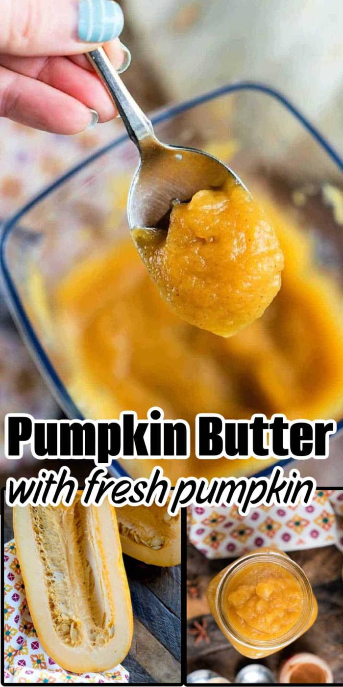 A spoonful of pumpkin butter held above a jar, with fresh pumpkin shown below—perfect inspiration for your next Pumpkin Butter recipe.