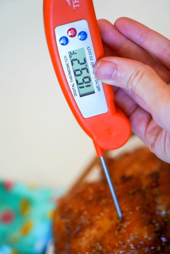 A hand holds a red digital thermometer inserted into a perfectly smoked piece of chicken thigh, showing a temperature reading of 160.7 degrees Fahrenheit, ensuring your Traeger creation is cooked to perfection.