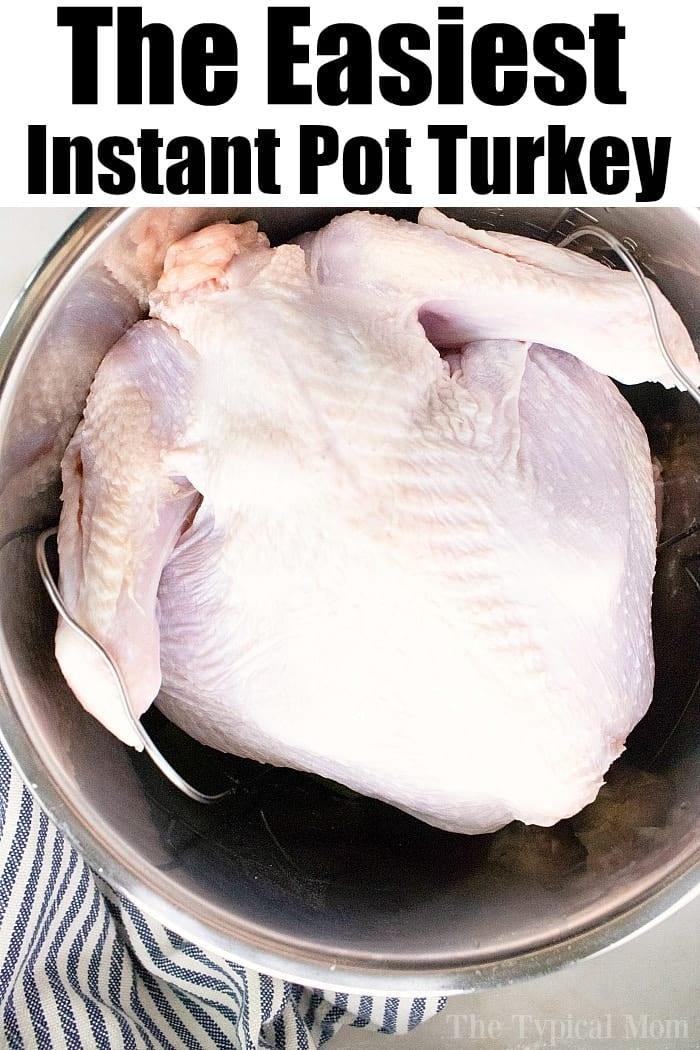 A whole raw turkey placed inside an Instant Pot inner pot. The turkey sits on a wire rack, and the pot is resting on a striped cloth. The text above reads, "The Easiest Pressure Cooker Turkey.