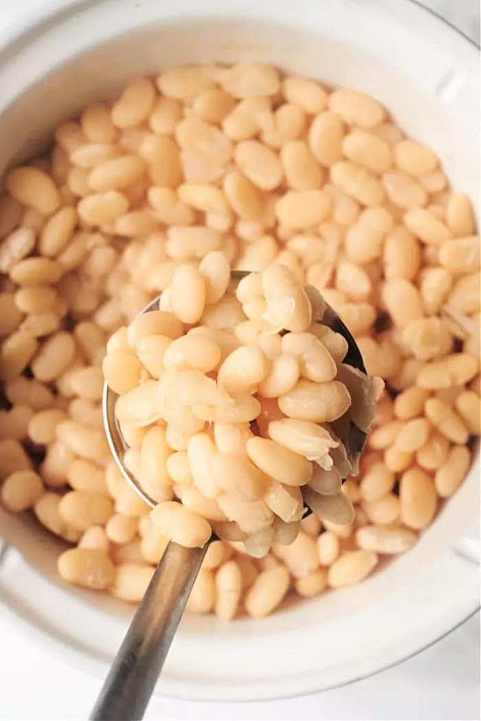A close-up view of a metal ladle filled with cooked Great Northern beans over a pot also containing Great Northern beans. The beans are plump and lightly coated with liquid.