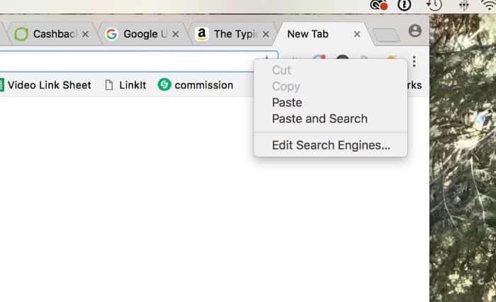 A browser window with multiple tabs open and a menu showing search engine editing options, as if someone is searching for tips like how to get into Disneyland for free.