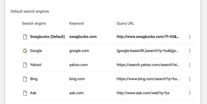 Browser settings page showing a list of default search engines with their keywords and query URLs, including suggestions for searches like "how to get into Disneyland for free.
