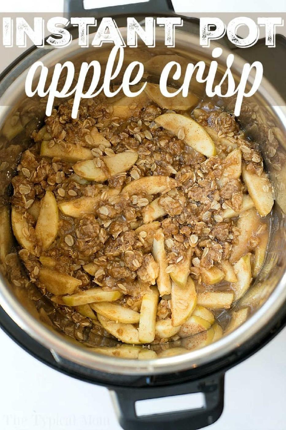 Sliced apples and oat crumble are cooked together to create a delicious instant pot apple crisp, shown freshly made and labeled as Instant Pot apple crisp.