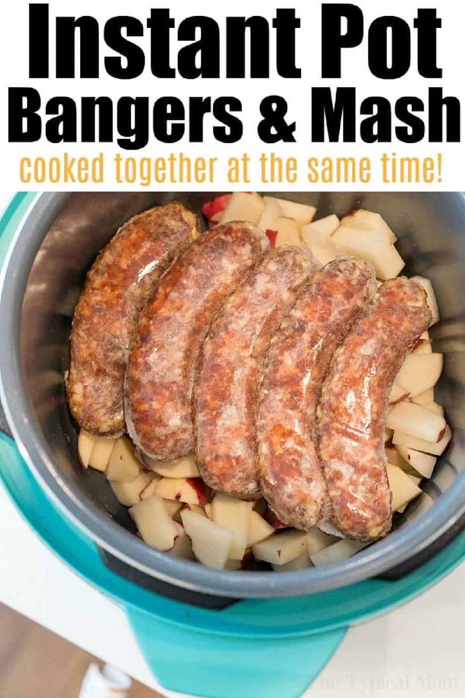 Instant Pot brats rest atop chopped potatoes inside an Instant Pot, ready to cook.