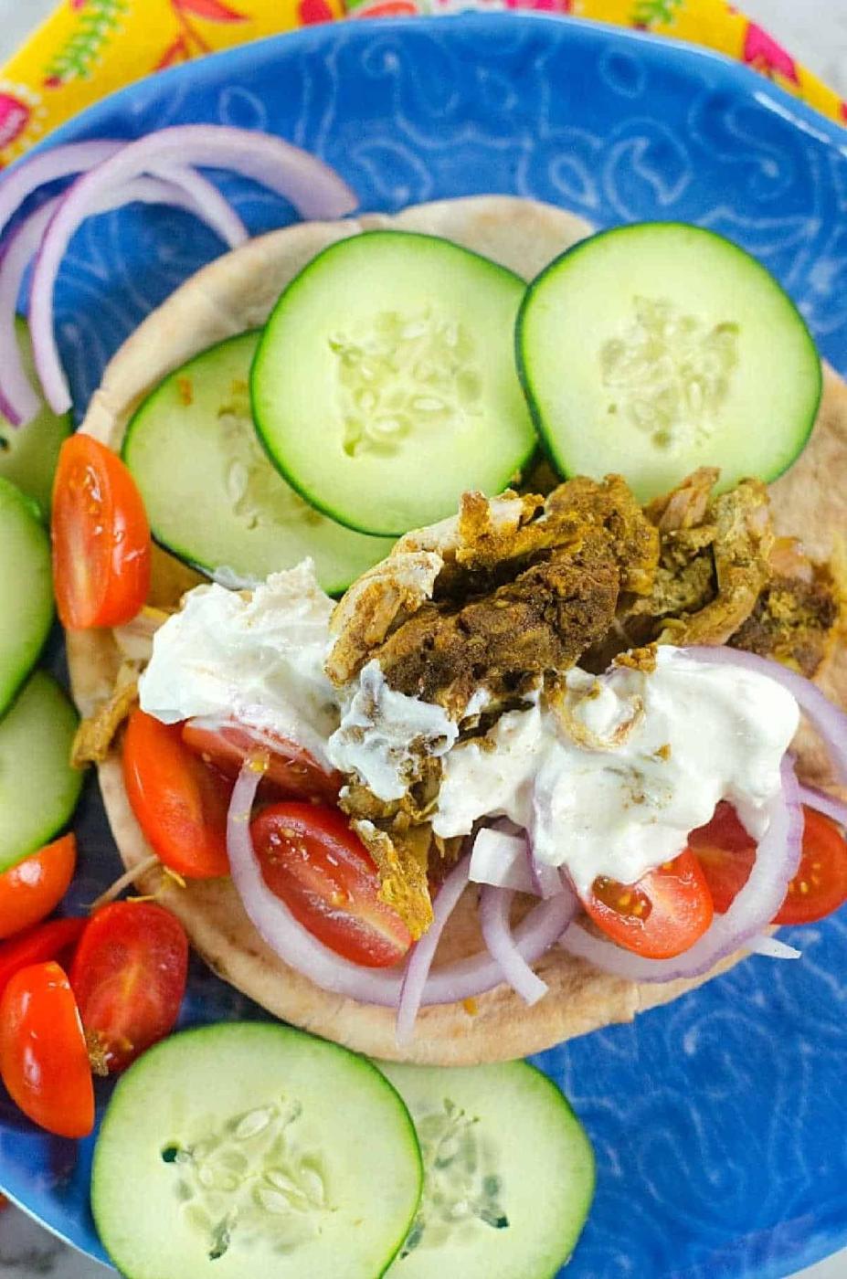 "Instant Pot Chicken Shawarma with spices and veggies in a flavorful, tender dish"