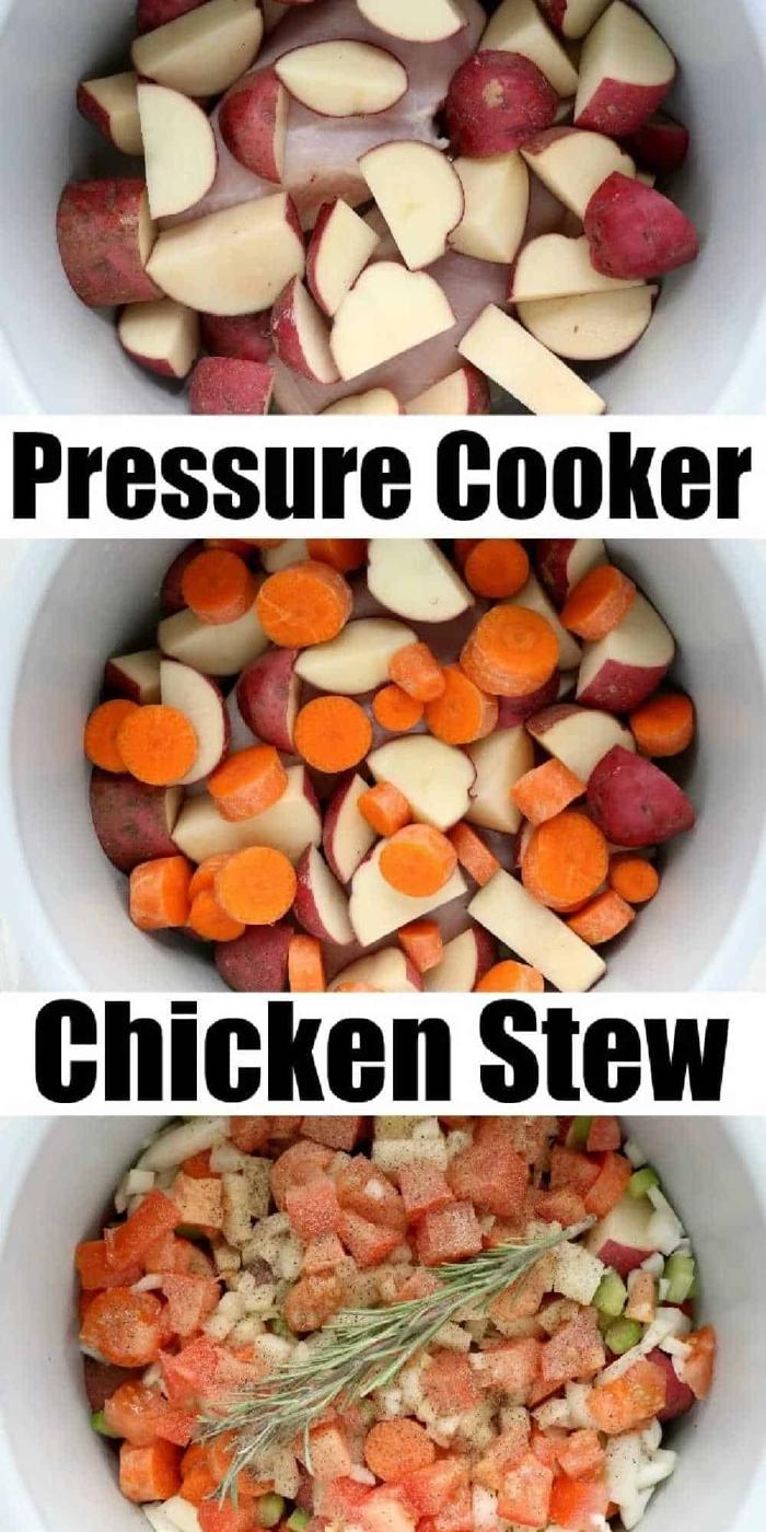 Chopped potatoes, carrots, and seasonings in an instant pot, labeled Instant Pot Chicken Stew.