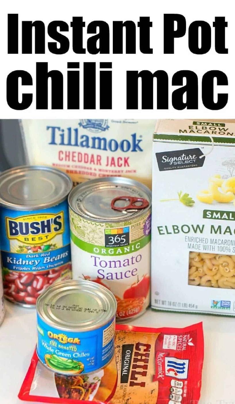 Ingredients for this Instant Pot chili mac recipe include beans, cheese, tomato sauce, macaroni, and seasonings—everything you need for a quick and hearty meal.
