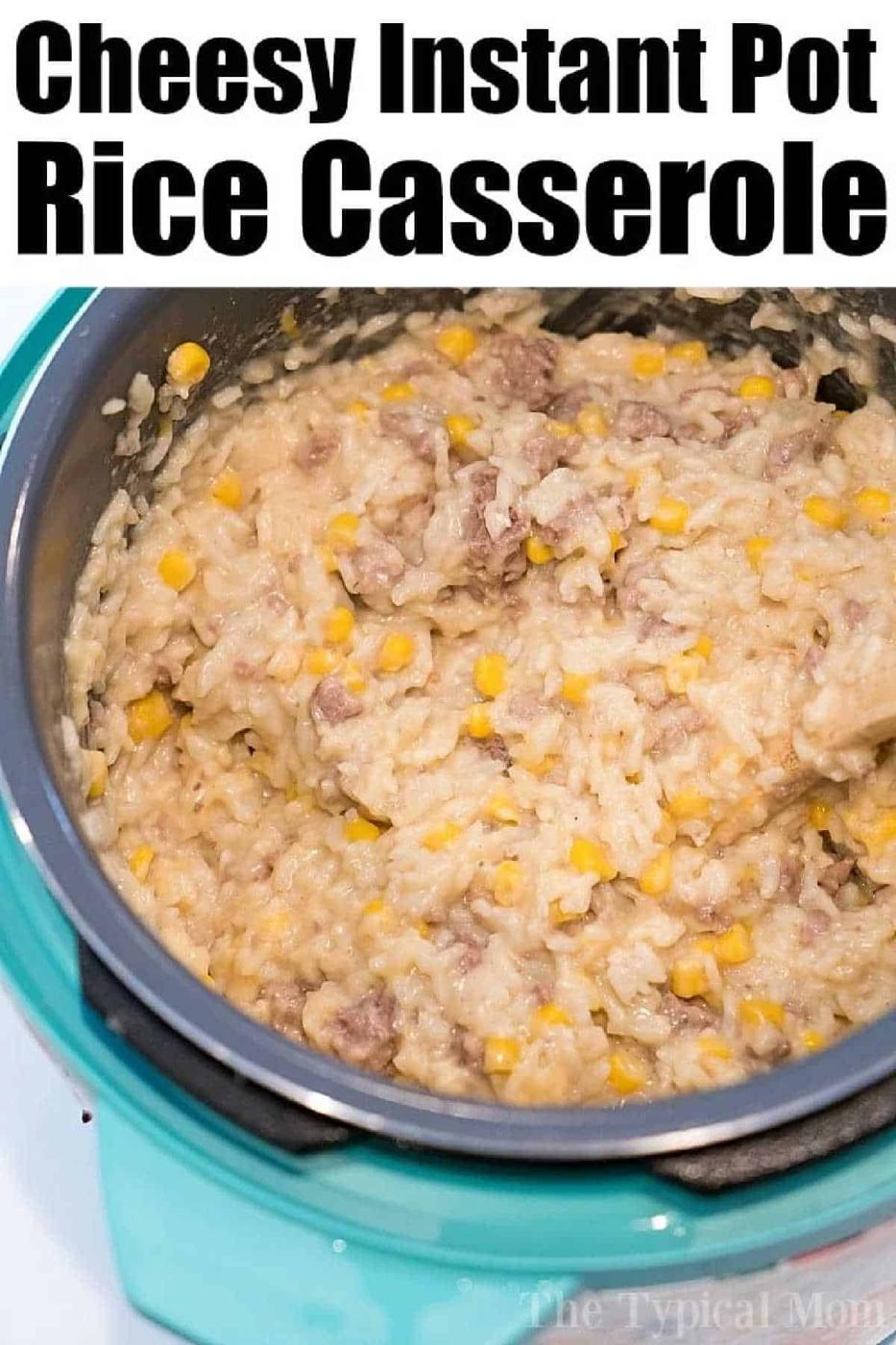 Instant Pot hamburger casserole featuring cheesy rice, corn, and savory ground meat, all cooked to perfection—viewed from above.