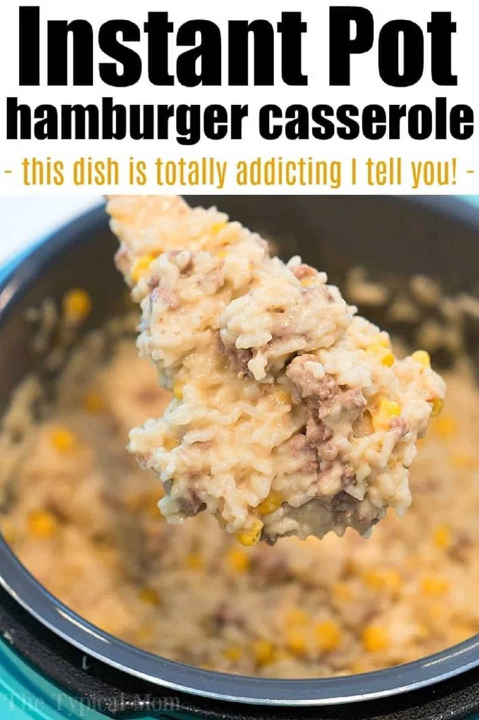 A spoonful of creamy instant pot hamburger casserole with rice and corn hovers above the Instant Pot, ready to serve.