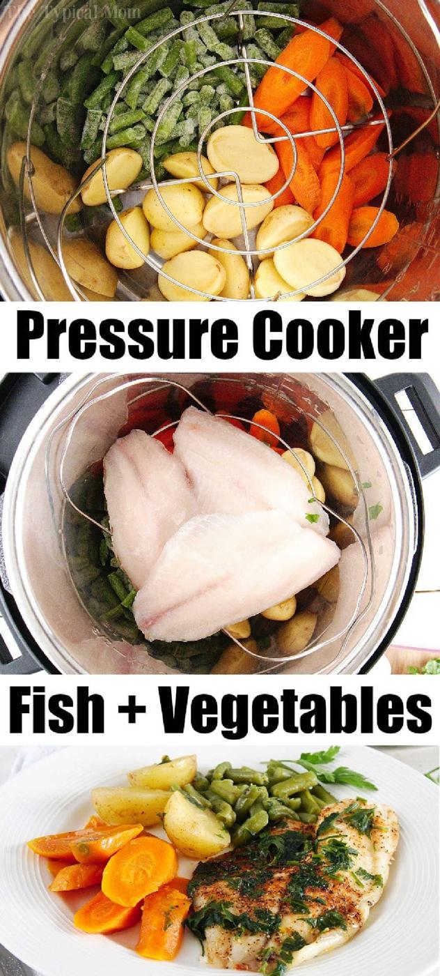 Instant Pot tilapia cooked with carrots, potatoes, and green beans, then served on a plate as a wholesome meal.