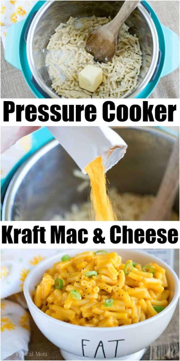 Wooden spoon stirring pasta and butter, pouring cheese powder, and finished Kraft Mac and Cheese in a pressure cooker, served in a bowl with green onions.