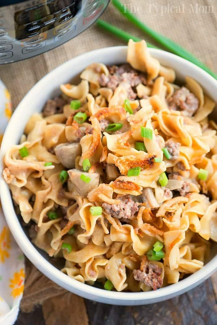 Bowl of beef stroganoff with noodles, ground beef, and chopped green onions on top—perfect inspiration for creative leftover meatloaf recipes.