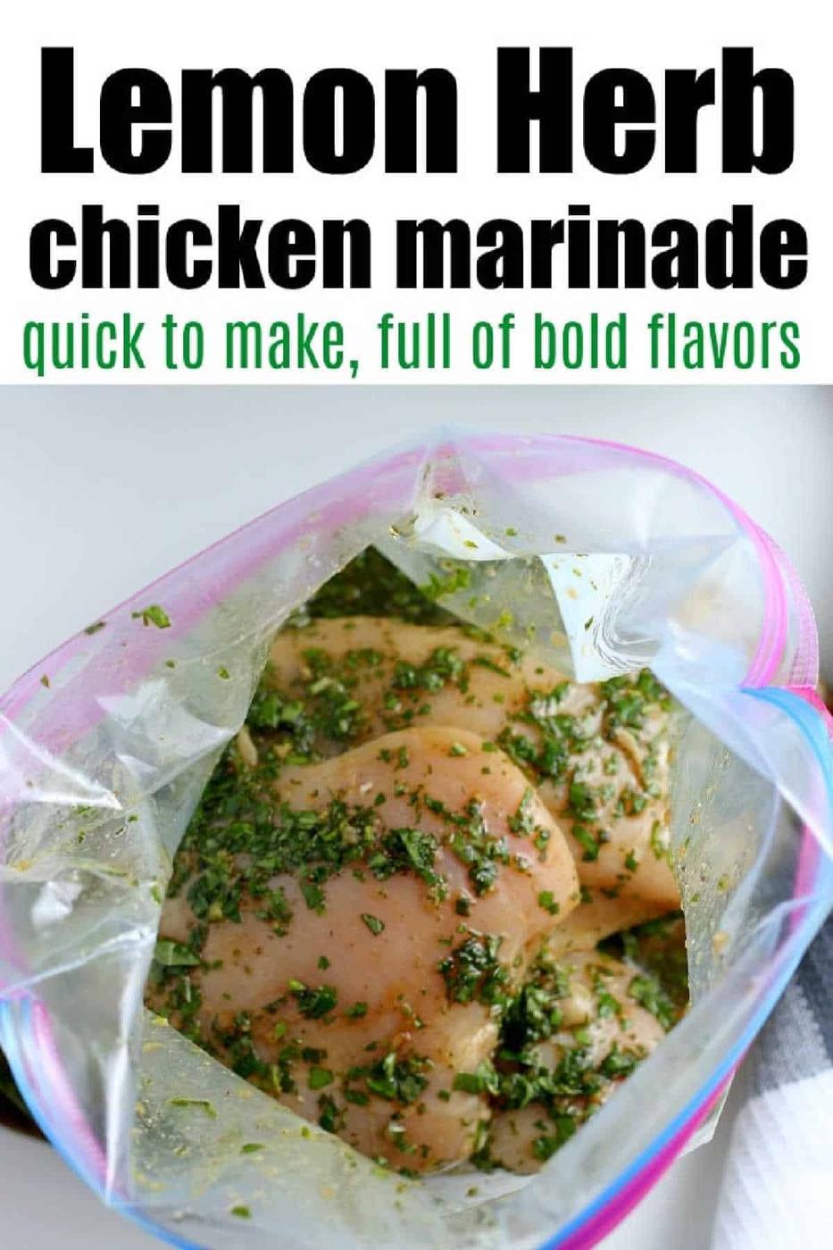 Raw chicken being marinated with herbs in a plastic bag. Text reads: Lemon pepper herb chicken marinade.