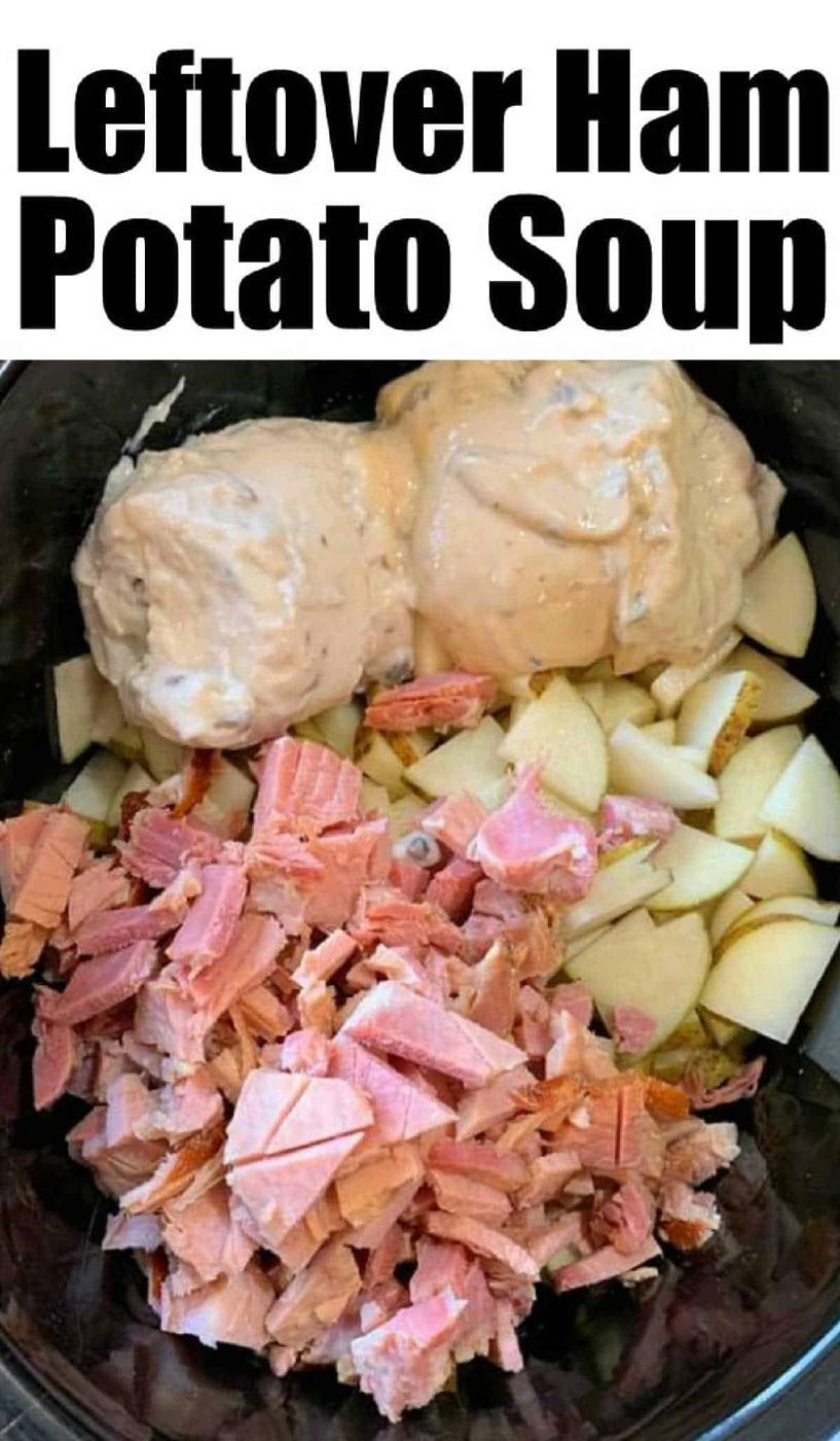 Chopped ham, diced potatoes, and creamy soup mix in a bowl come together for a Crockpot loaded baked potato soup that's perfect for using up leftover ham.