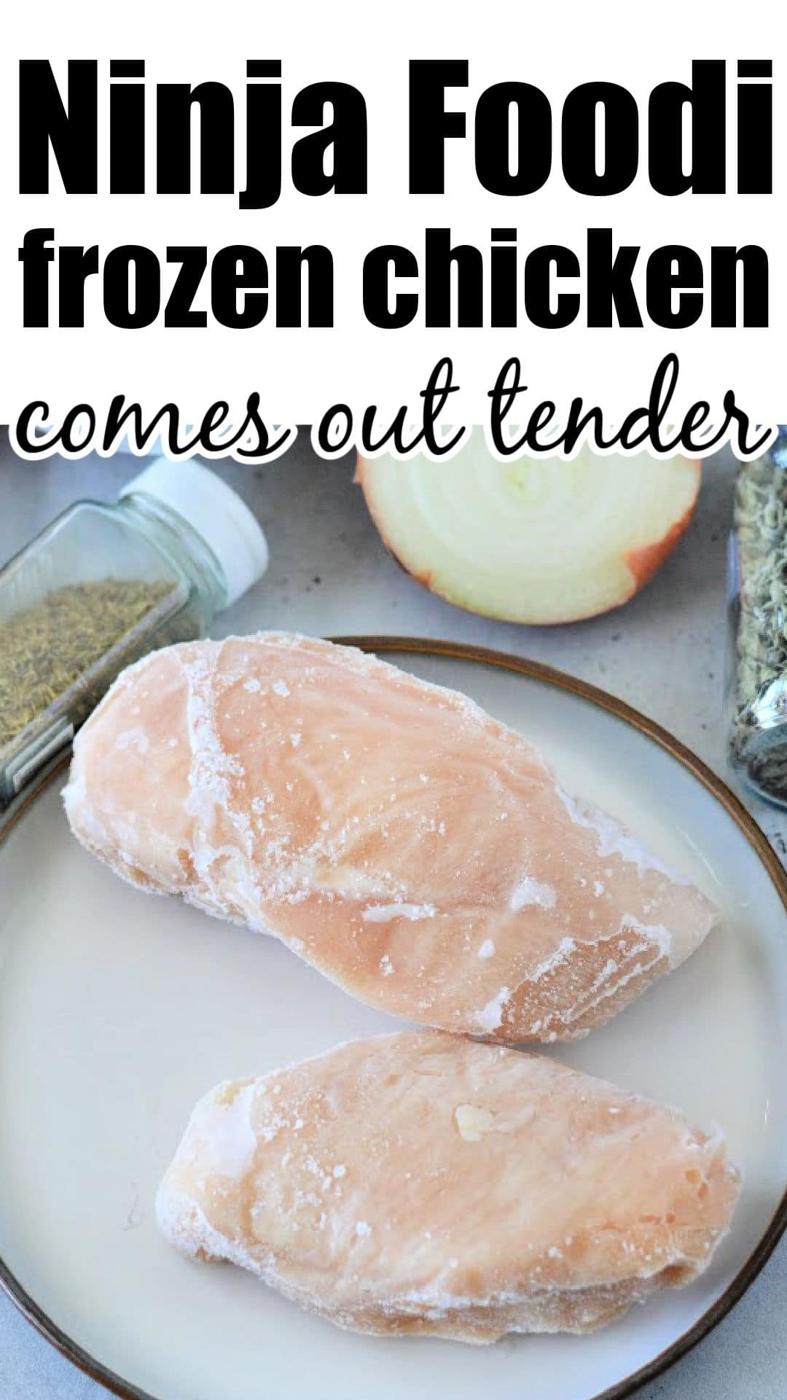 Two frozen chicken breasts on a plate with seasonings and an onion in the background—perfect ingredients for quick and tasty Ninja pressure cooker recipes.