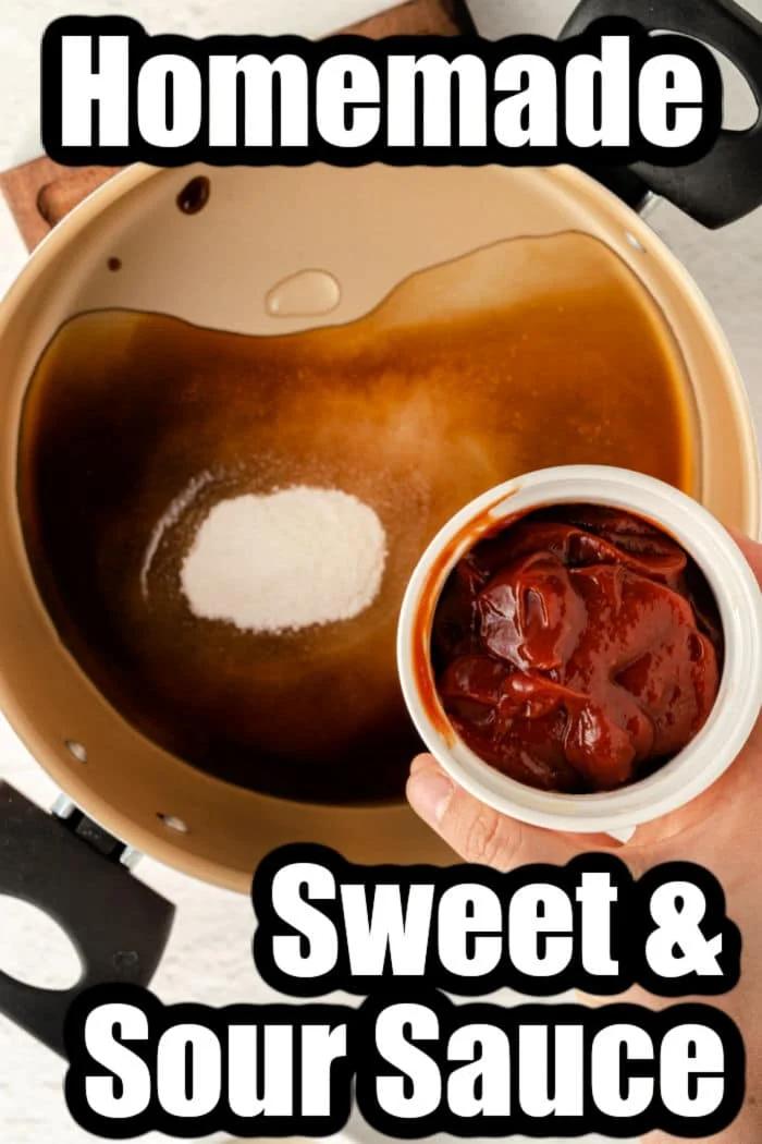 A pot with sauce ingredients and a hand holding a bowl of ketchup. Text: Homemade Copycat Panda Express Sweet & Sour Sauce.