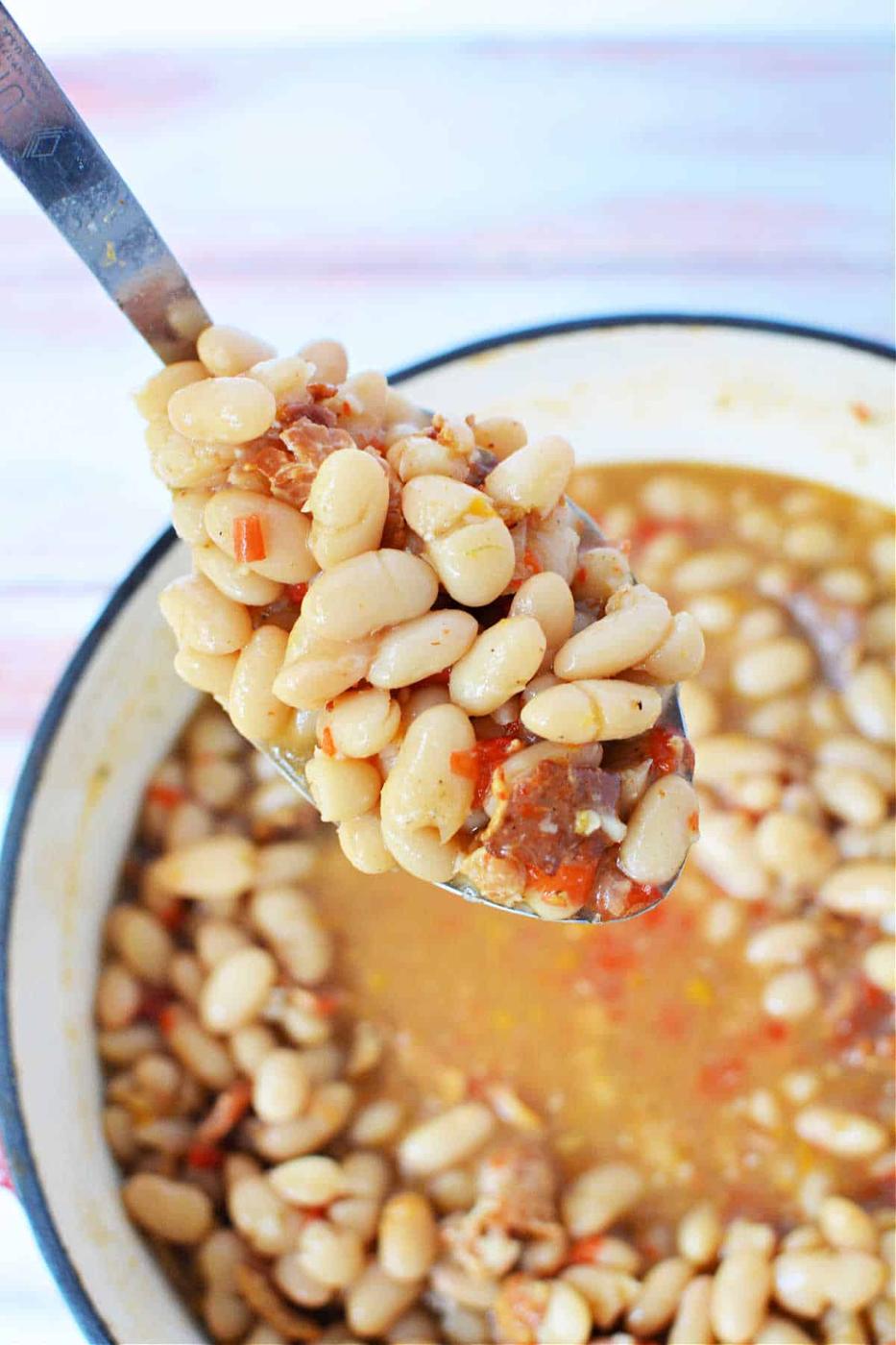A spoonful of cooked Peruvian beans with broth is held above a pot of hearty bean stew.