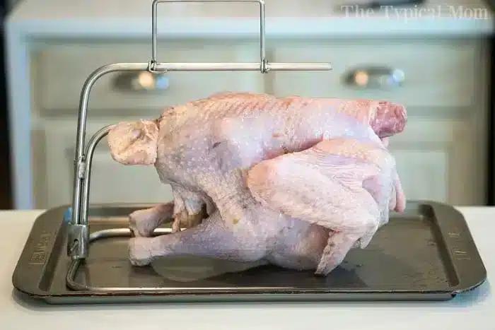 A raw turkey is positioned on a black roasting pan, supported by a metal stand, ready for Pickford stuffing. It rests on a kitchen countertop with a blurred white cabinet in the background.