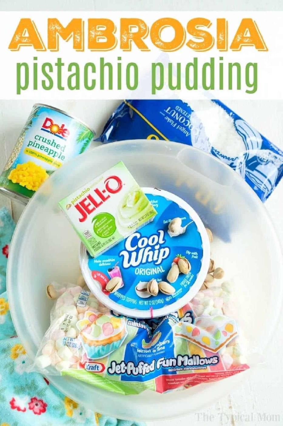 Ingredients for pistachio pudding ambrosia: Cool Whip, Jell-O, pineapple, coconut, marshmallows, and pistachio mix.