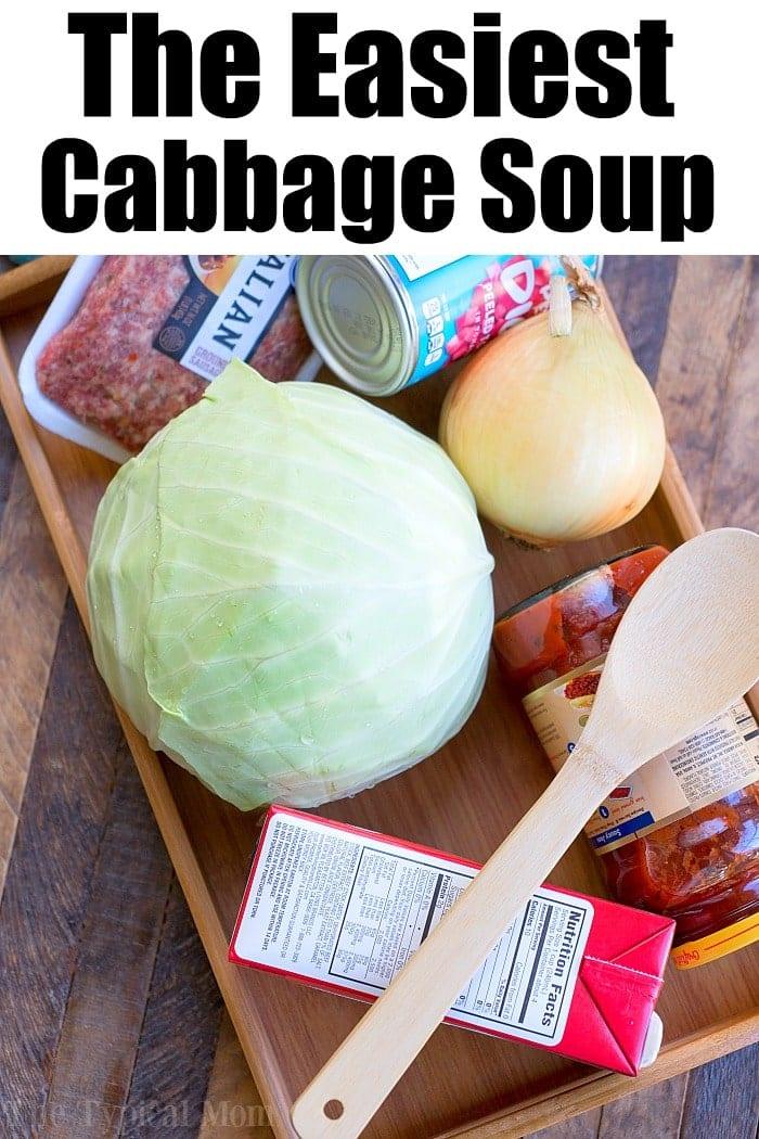 Tray with cabbage, onion, ground meat, canned tomatoes, tomato sauce, soup broth, and a wooden spoon—perfect ingredients to make a hearty pressure cooker cabbage soup.